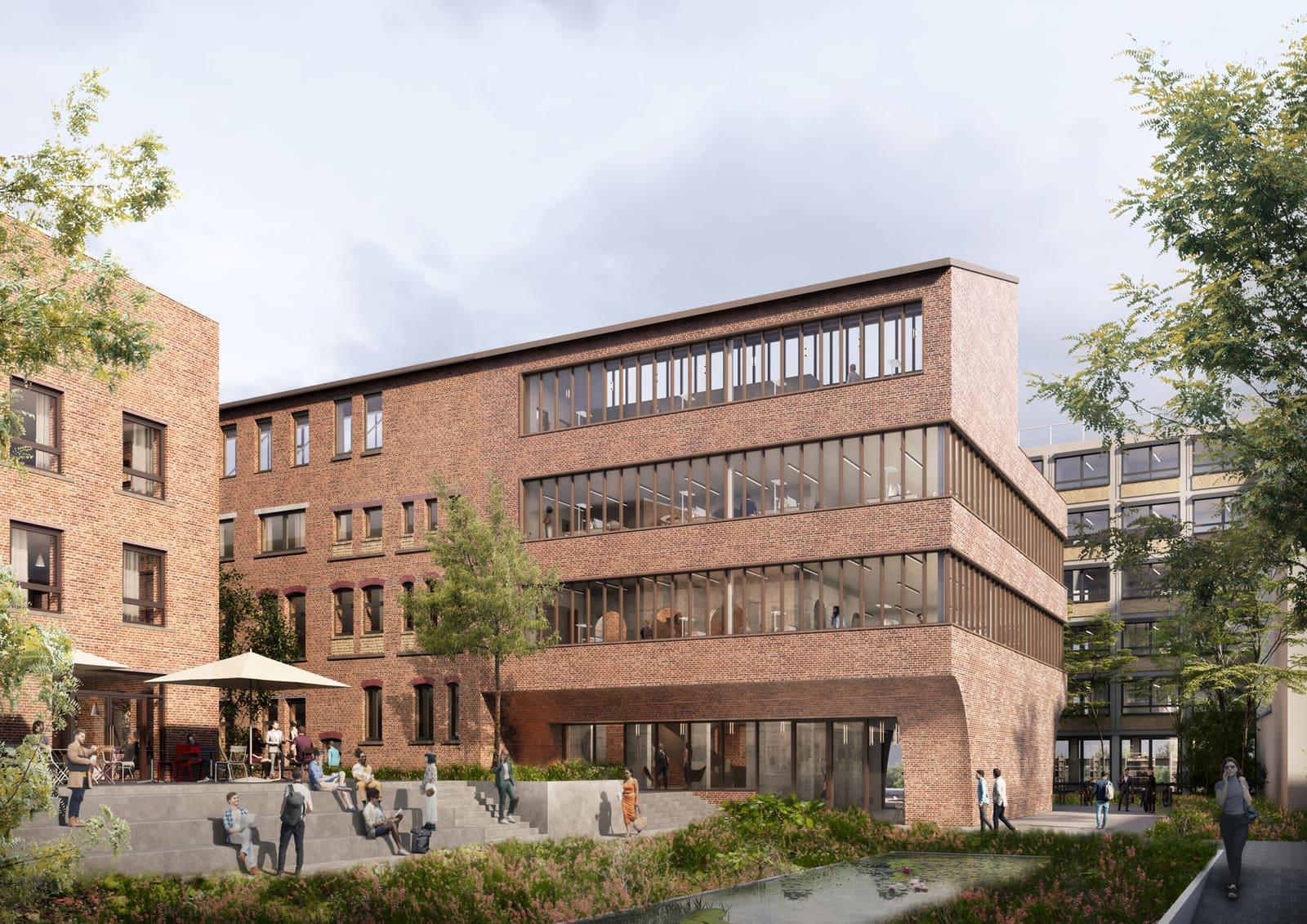 Gebäude des Ernst Klett Verlags in Stuttgart mit begrünten Aufenthaltsflächen im Innenhof
