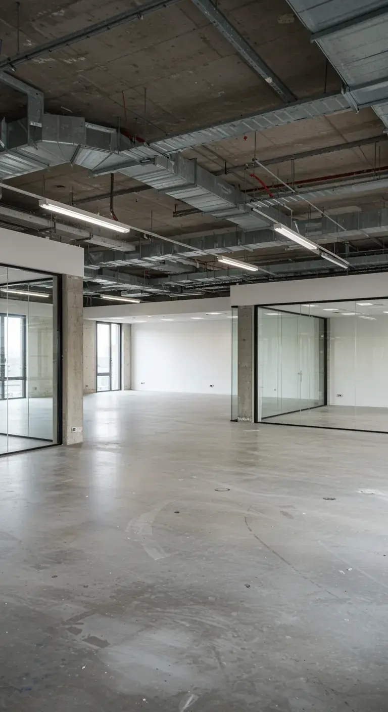 Geräumiges leeres Büro mit Betonböden, freiliegenden Decken, verglassten Trennwänden und Leuchtstofflampen.
