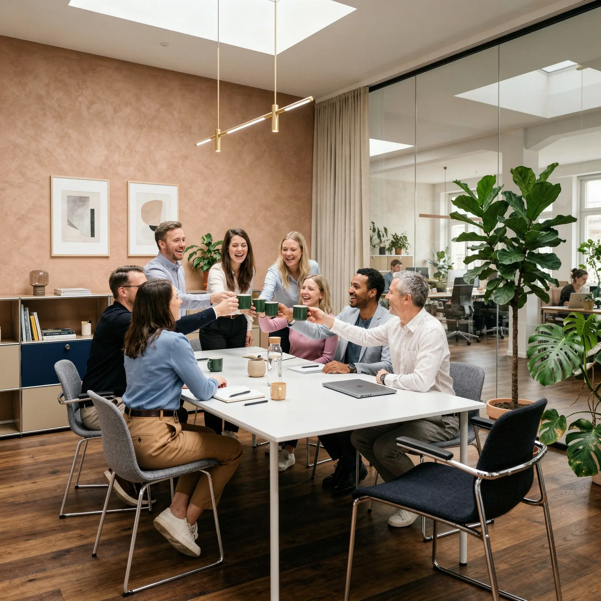Gruppe von Personen arbeitet gemeinsam in einem modernen Büro mit rosa Wänden und großen Fenstern.