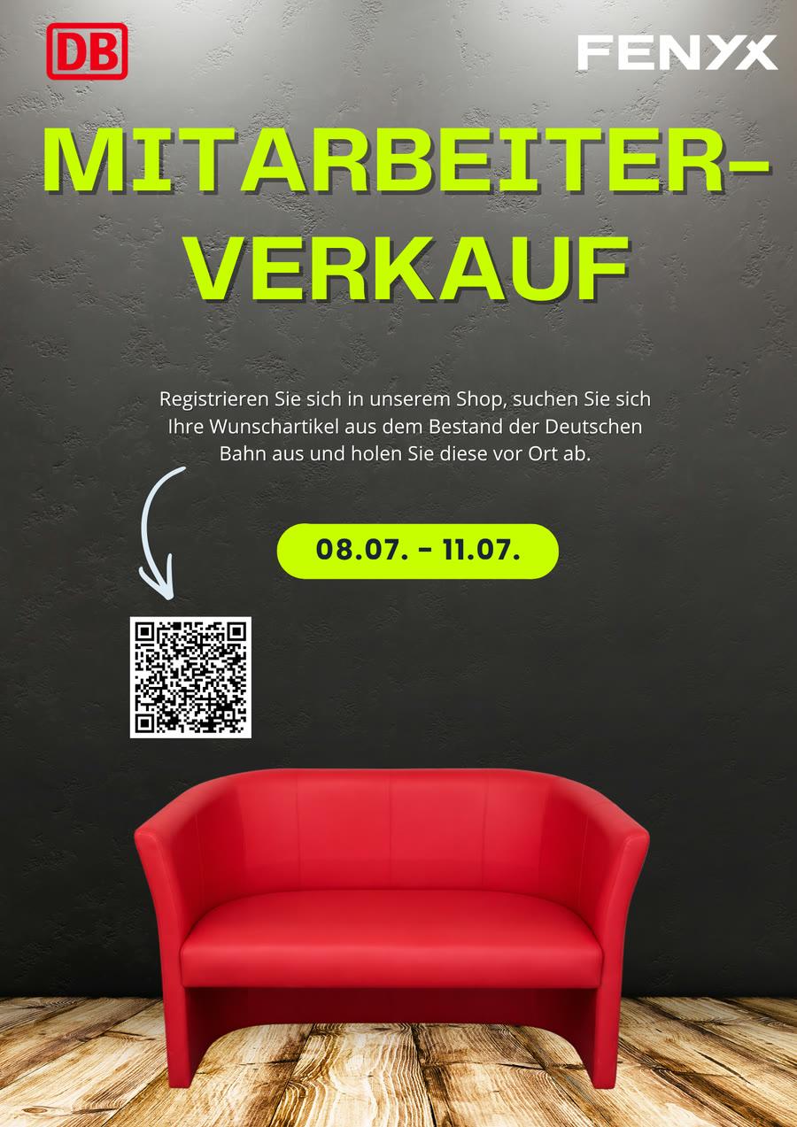 Plakat Mitarbeiterverkauf Deutsche Bahn × Fenyx, 08.–11. Juli, mit rotem Sofa.