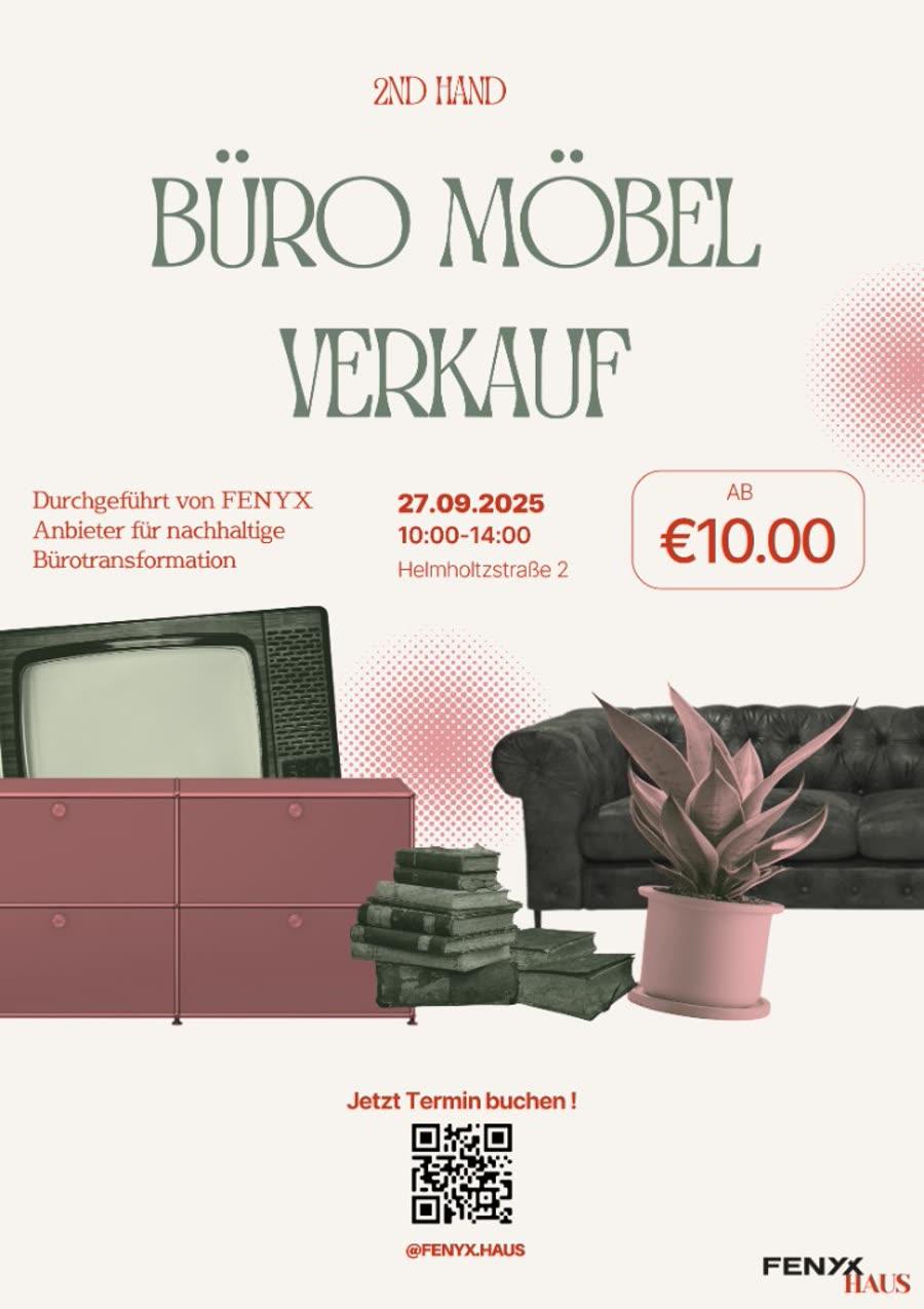 Plakat 2nd-Hand-Büromöbel-Verkauf Fenyx Haus, 27. September 2025, Helmholtzstraße 2.