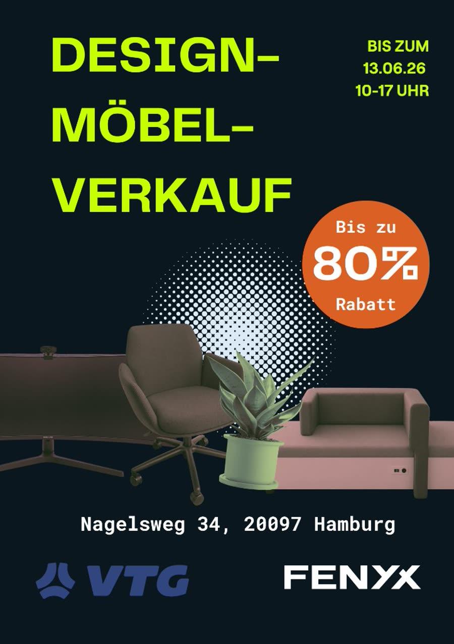 Plakat Design-Möbel-Verkauf VTG × Fenyx in Hamburg, Nagelsweg 34, bis 13. Juni 2026.