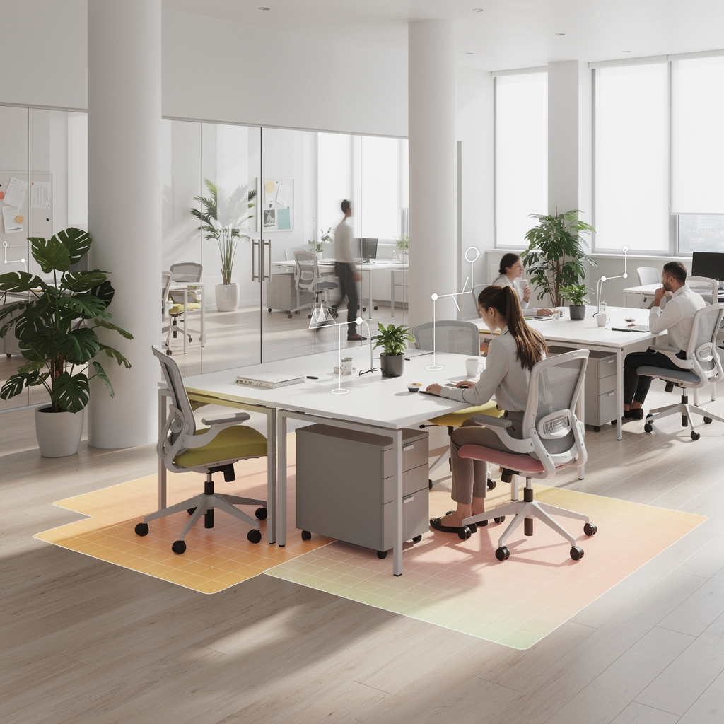 Workspace Analytics & Bürokonzept mit Daten-Overlay in modernem Büro.